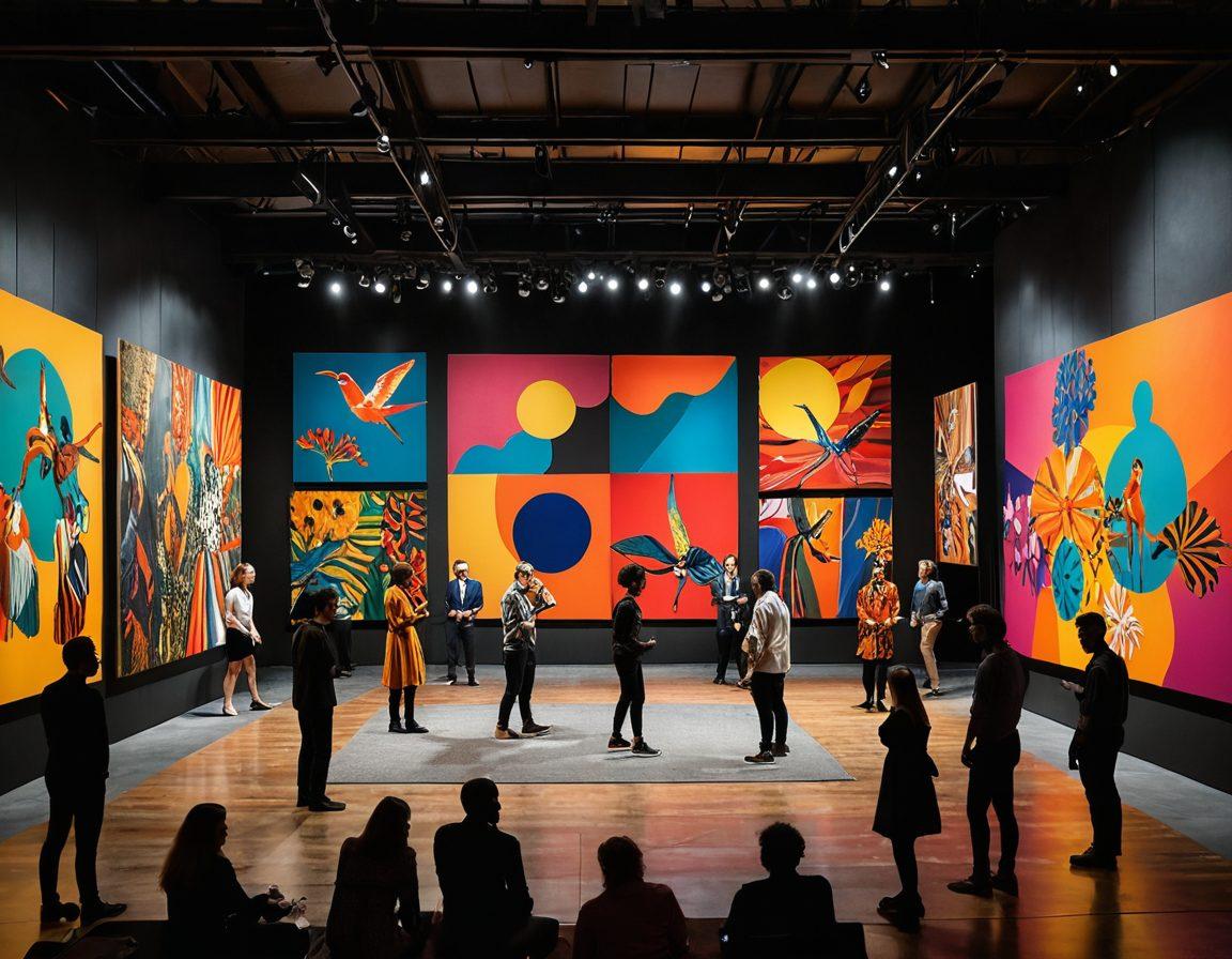 A vibrant collage featuring a dynamic art exhibition scene inside the Barbican, showcasing colorful artworks and installations. Include diverse artists passionately engaging with visitors, while a dramatic performance unfolds in the background highlighting dance and theater. Use warm lighting and lively expressions to embody creativity's heartbeat. surrealistic style. vibrant colors. modern aesthetic.