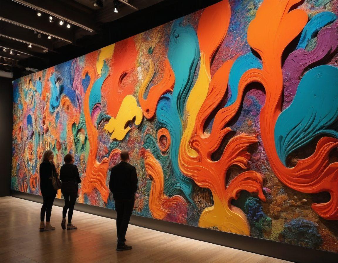 A bustling scene at the Barbican Centre showcasing diverse art galleries, cultural events, and performances, with colorful abstract sculptures, a lively crowd engaging with art, and vibrant murals reflecting community spirit. Capture the essence of creativity and connection in a vivid atmosphere filled with energy. super-realistic. vibrant colors. dynamic composition.